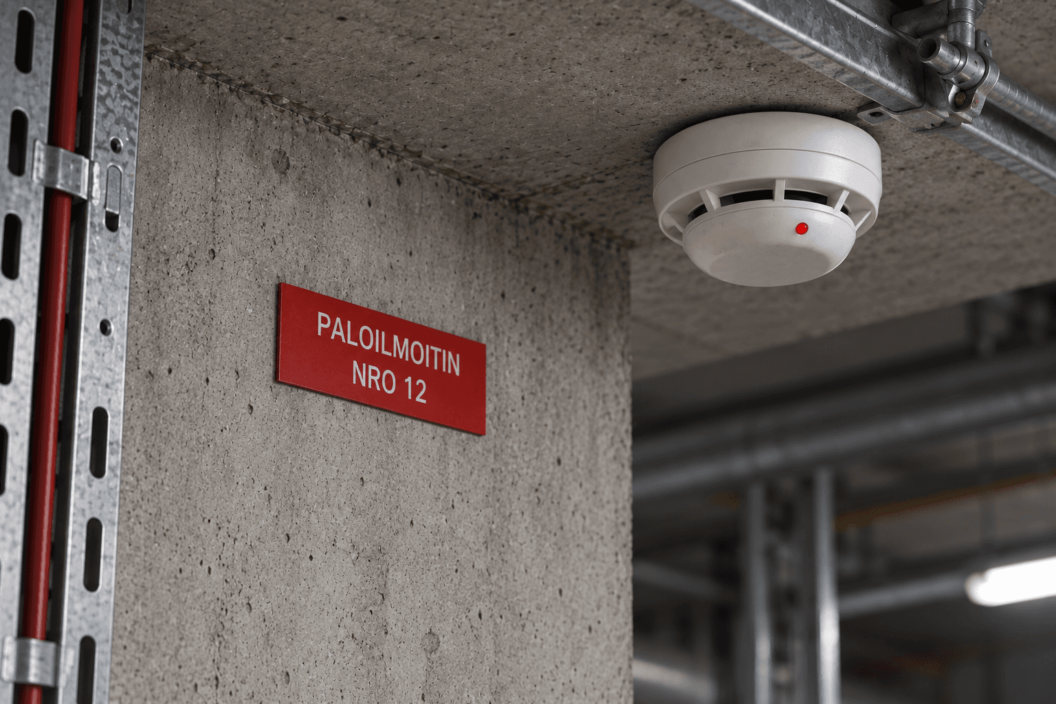 Punainen PALOILMOITIN NRO 12 -kyltti palovaroittimen vieressä